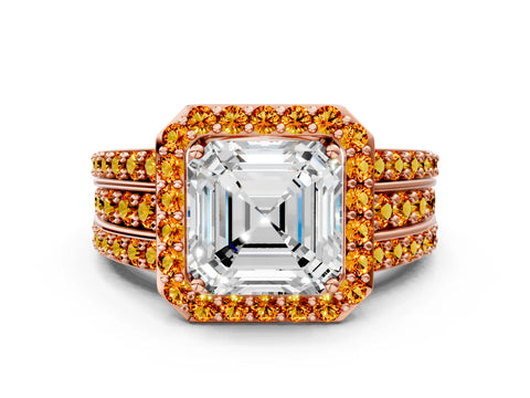Rose gold Asscher Cut Halo Diamond Ring with Round with Citrine side stone Split Shank and Prong Setting