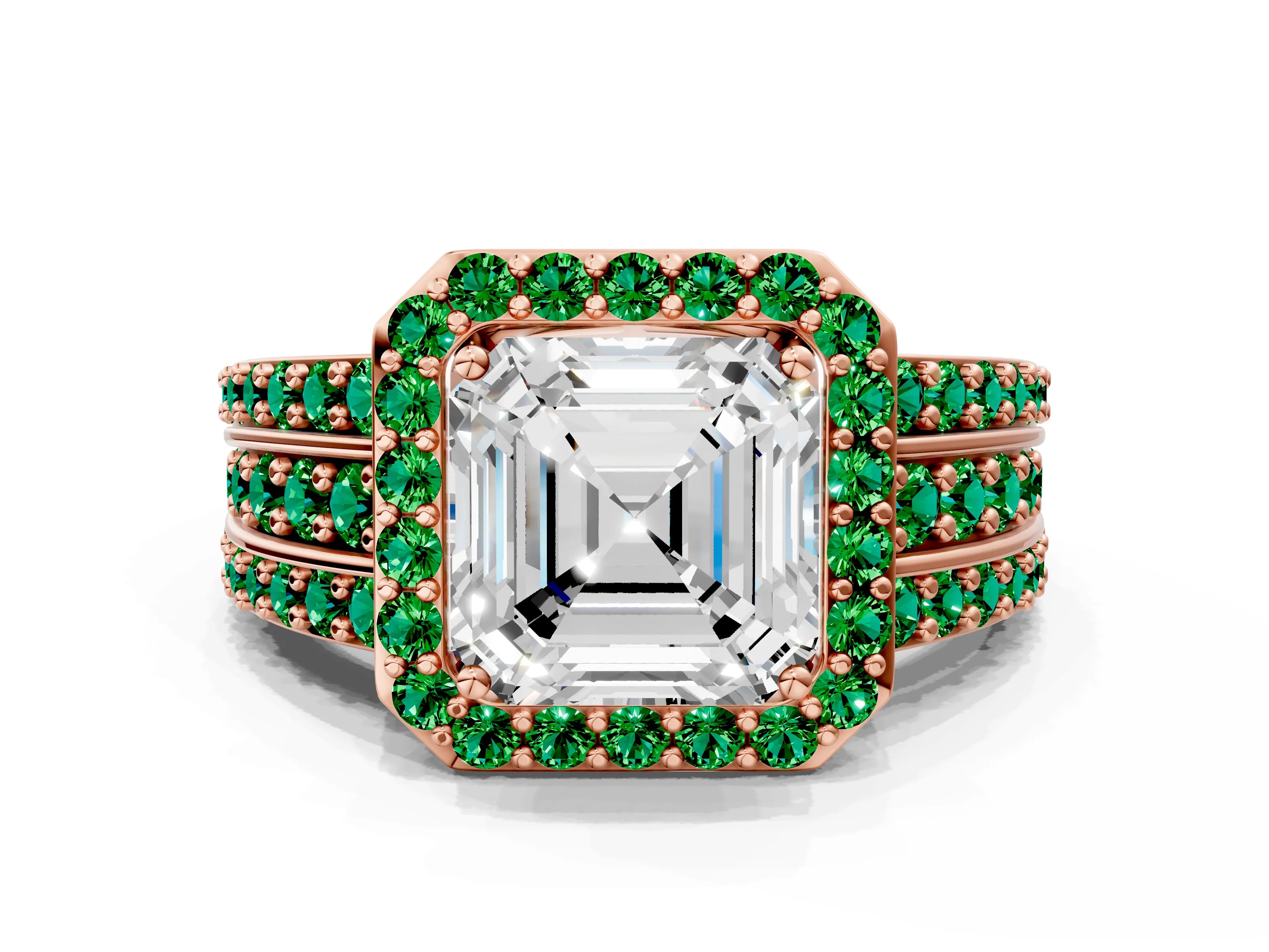 Rose gold Asscher Cut Halo Diamond Ring with Round with Emerald side stone Split Shank and Prong Setting