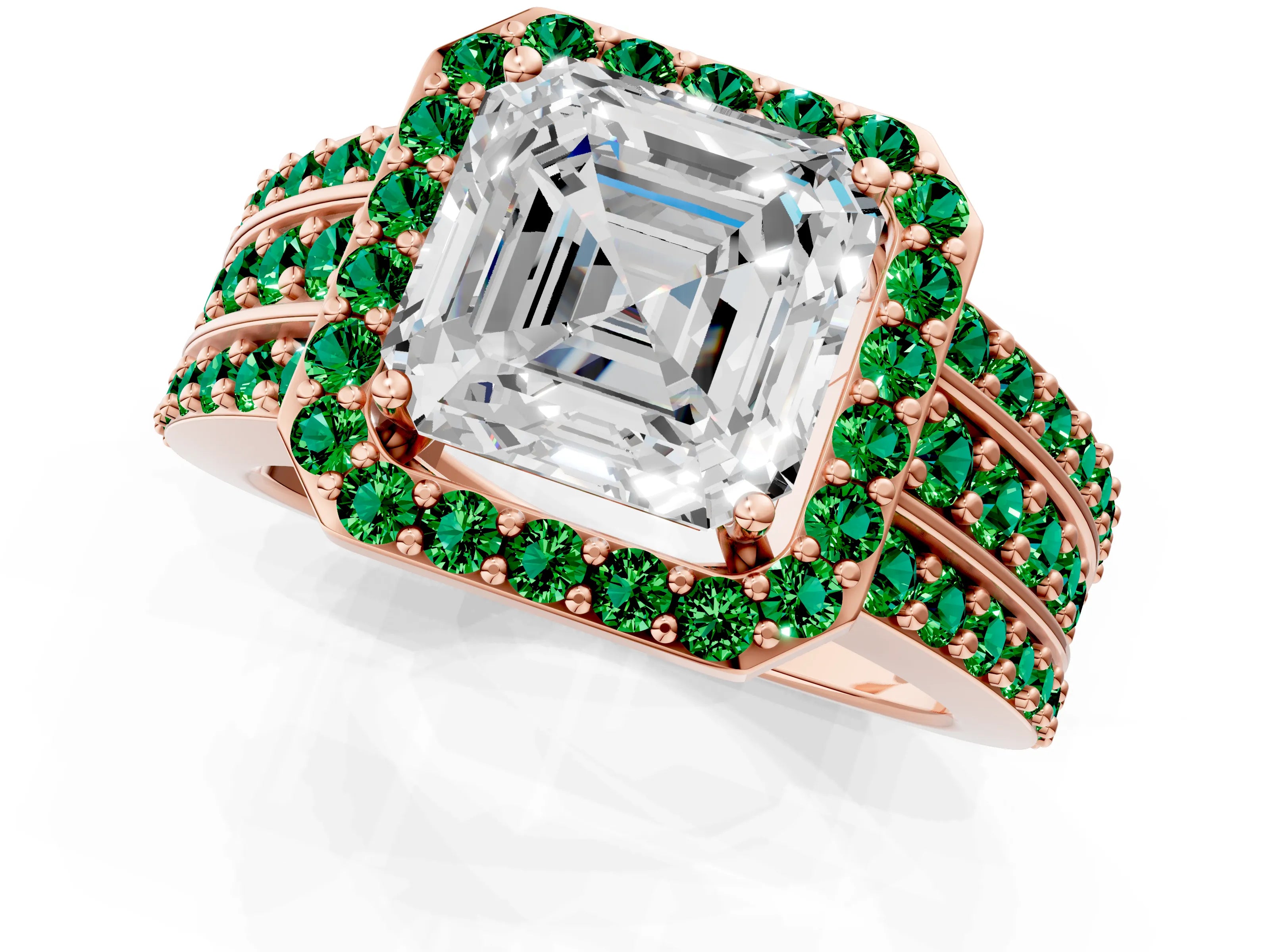Rose gold Asscher Cut Halo Diamond Ring with Round with Emerald side stone Split Shank and Prong Setting_1