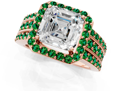 Rose gold Asscher Cut Halo Diamond Ring with Round with Emerald side stone Split Shank and Prong Setting_1