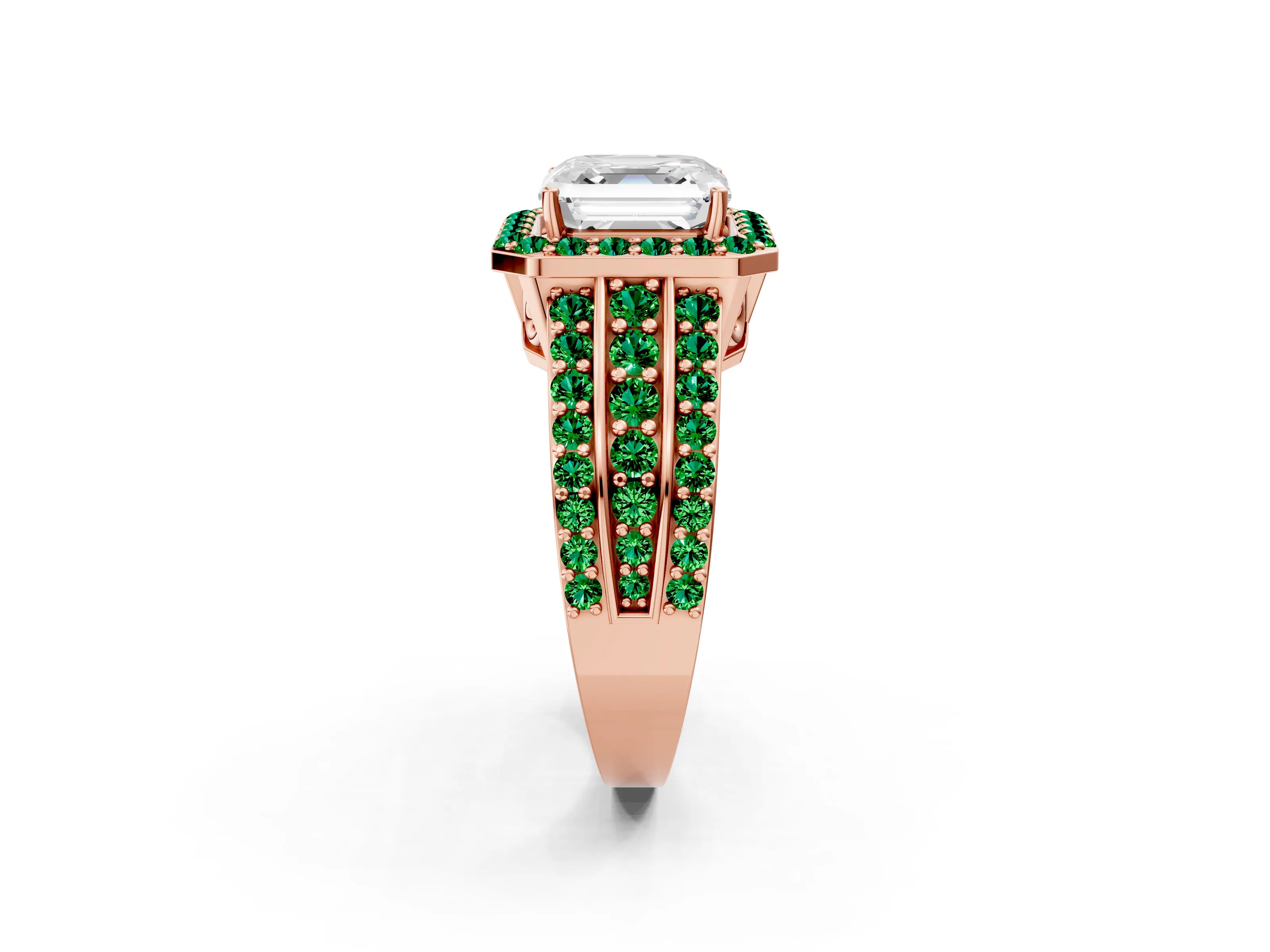 Rose gold Asscher Cut Halo Diamond Ring with Round with Emerald side stone Split Shank and Prong Setting_2