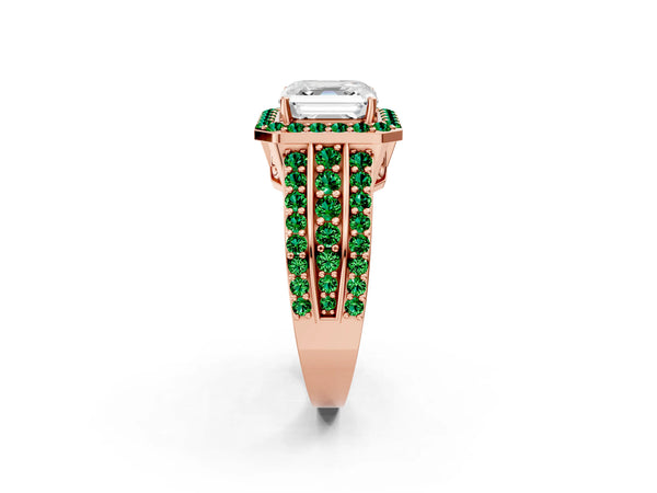 Rose Gold Asscher Cut Halo Engagement Ring Setting with Lab-Grown Emerald Three Row Pave Band
