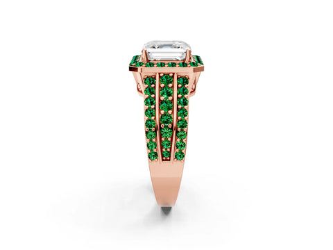 Rose gold Asscher Cut Halo Diamond Ring with Round with Emerald side stone Split Shank and Prong Setting_2