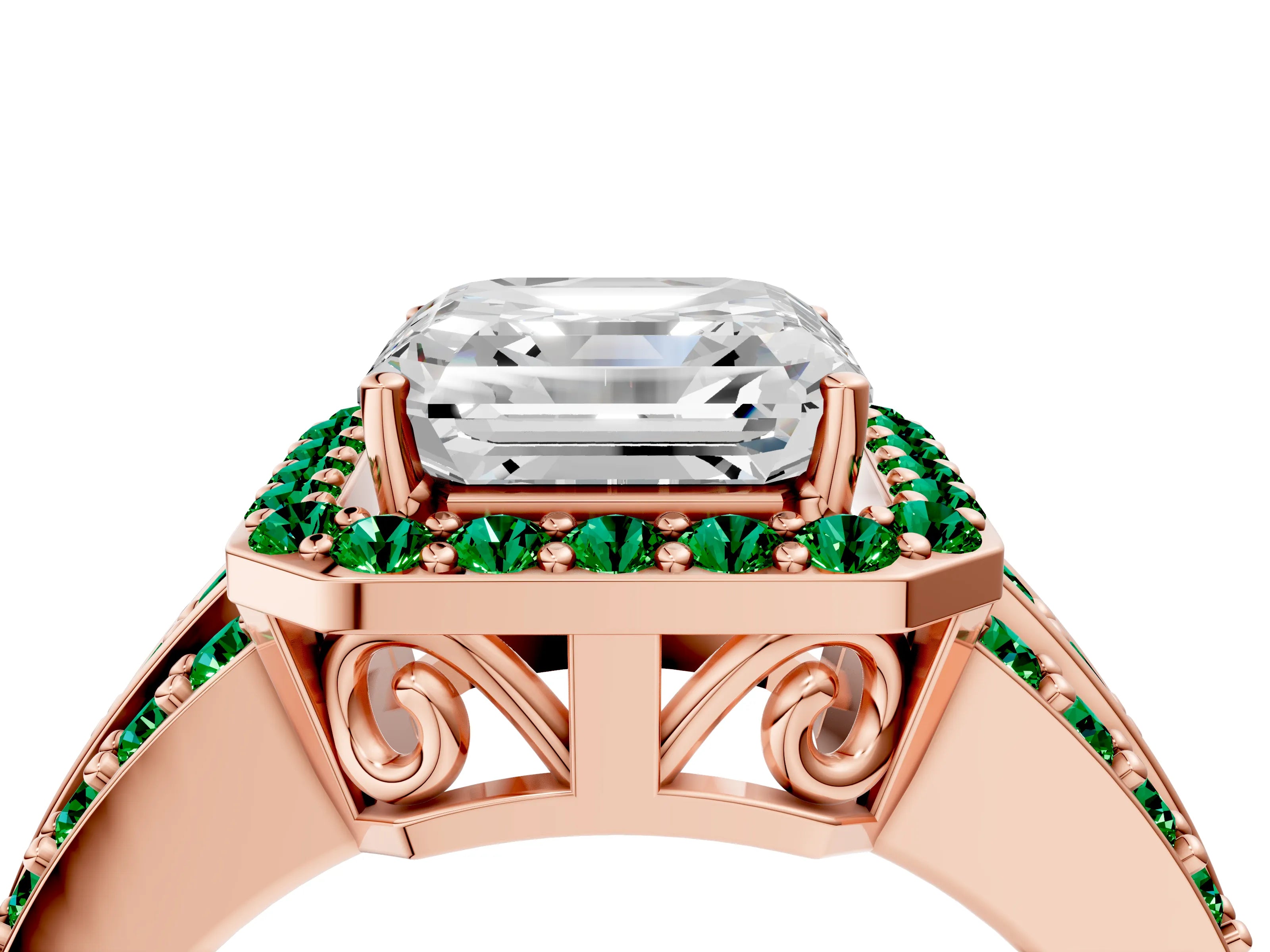 Rose gold Asscher Cut Halo Diamond Ring with Round with Emerald side stone Split Shank and Prong Setting_4
