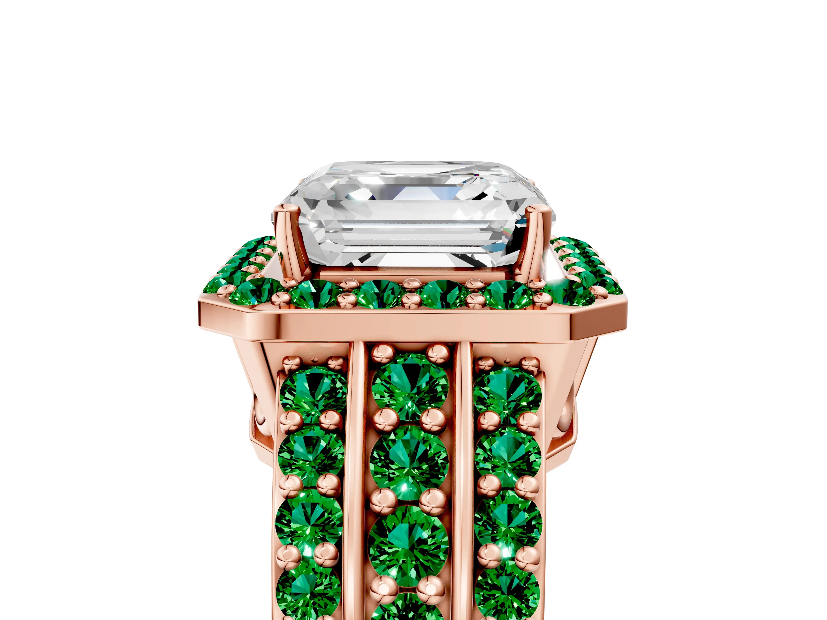 Rose gold Asscher Cut Halo Diamond Ring with Round with Emerald side stone Split Shank and Prong Setting_5