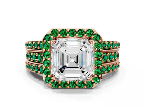 Rose gold Asscher Cut Halo Diamond Ring with Round with Emerald side stone Split Shank and Prong Setting
