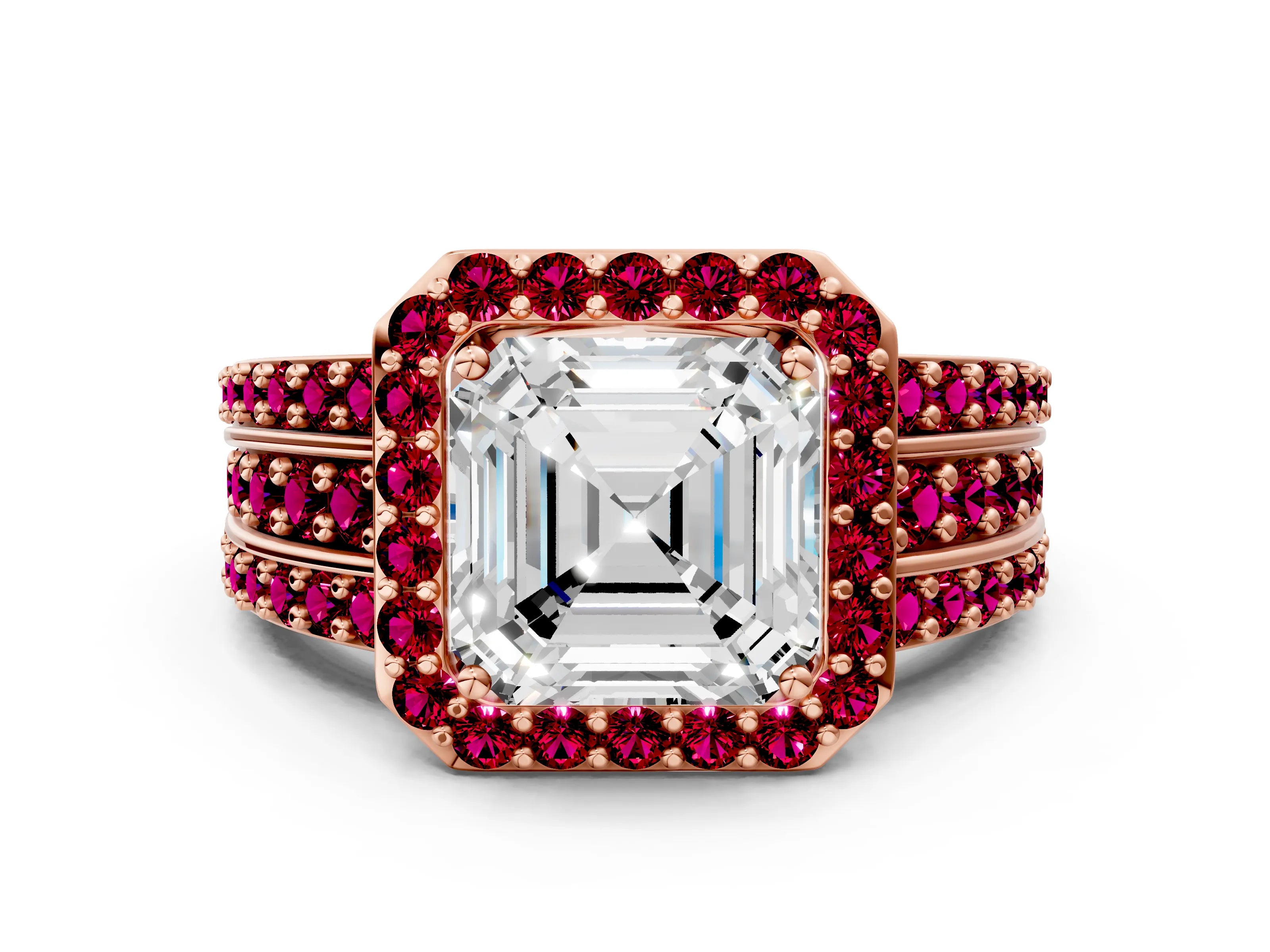 Rose gold Asscher Cut Halo Diamond Ring with Round with Garnet side stone Split Shank and Prong Setting