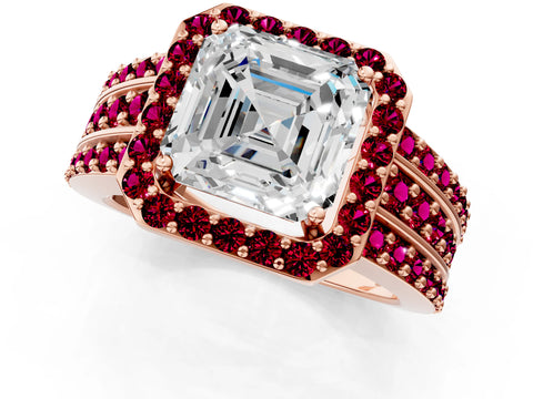 Rose gold Asscher Cut Halo Diamond Ring with Round with Garnet side stone Split Shank and Prong Setting_1
