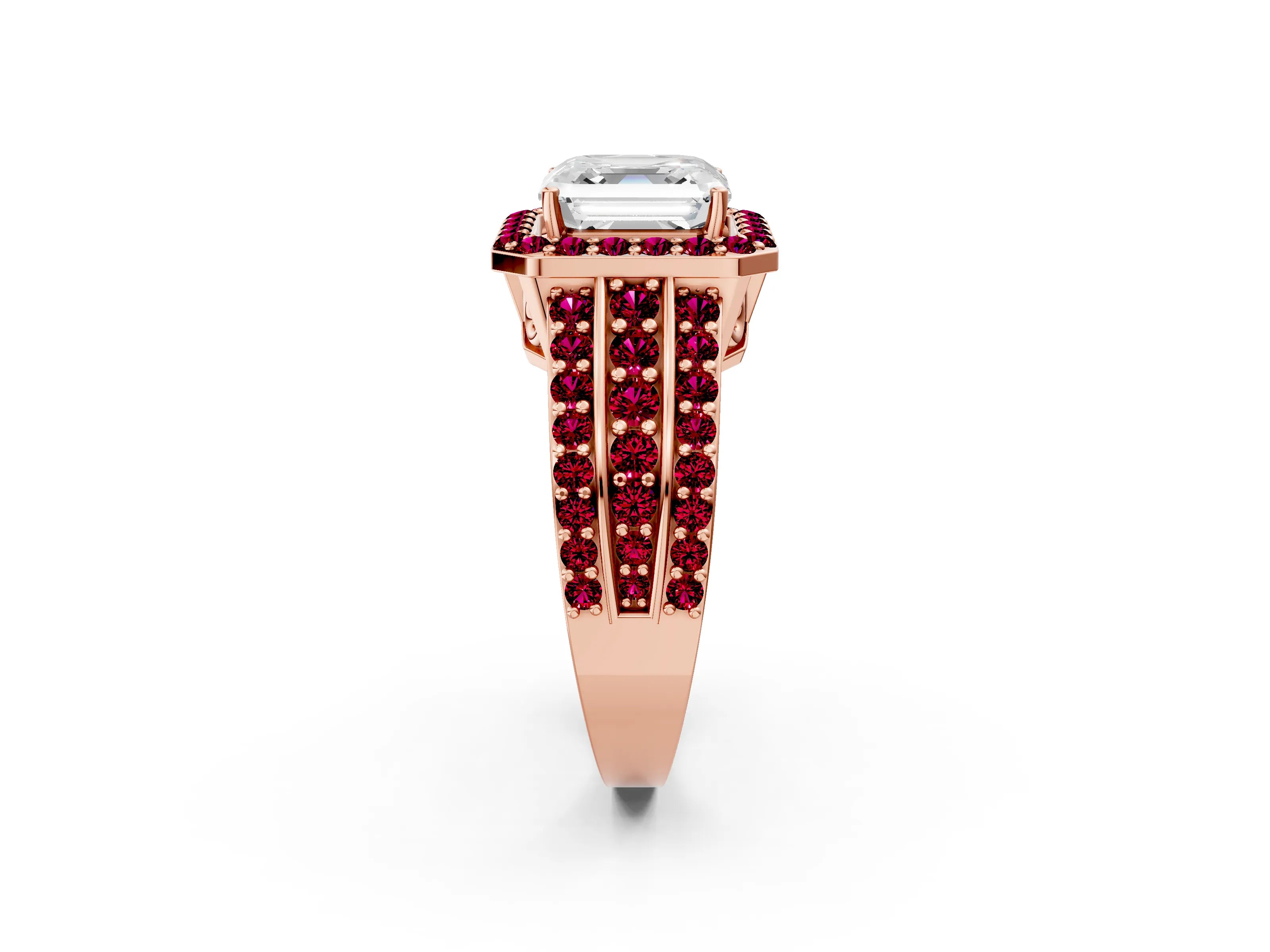 Rose gold Asscher Cut Halo Diamond Ring with Round with Garnet side stone Split Shank and Prong Setting_2