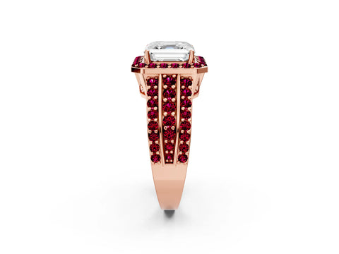 Rose gold Asscher Cut Halo Diamond Ring with Round with Garnet side stone Split Shank and Prong Setting_2