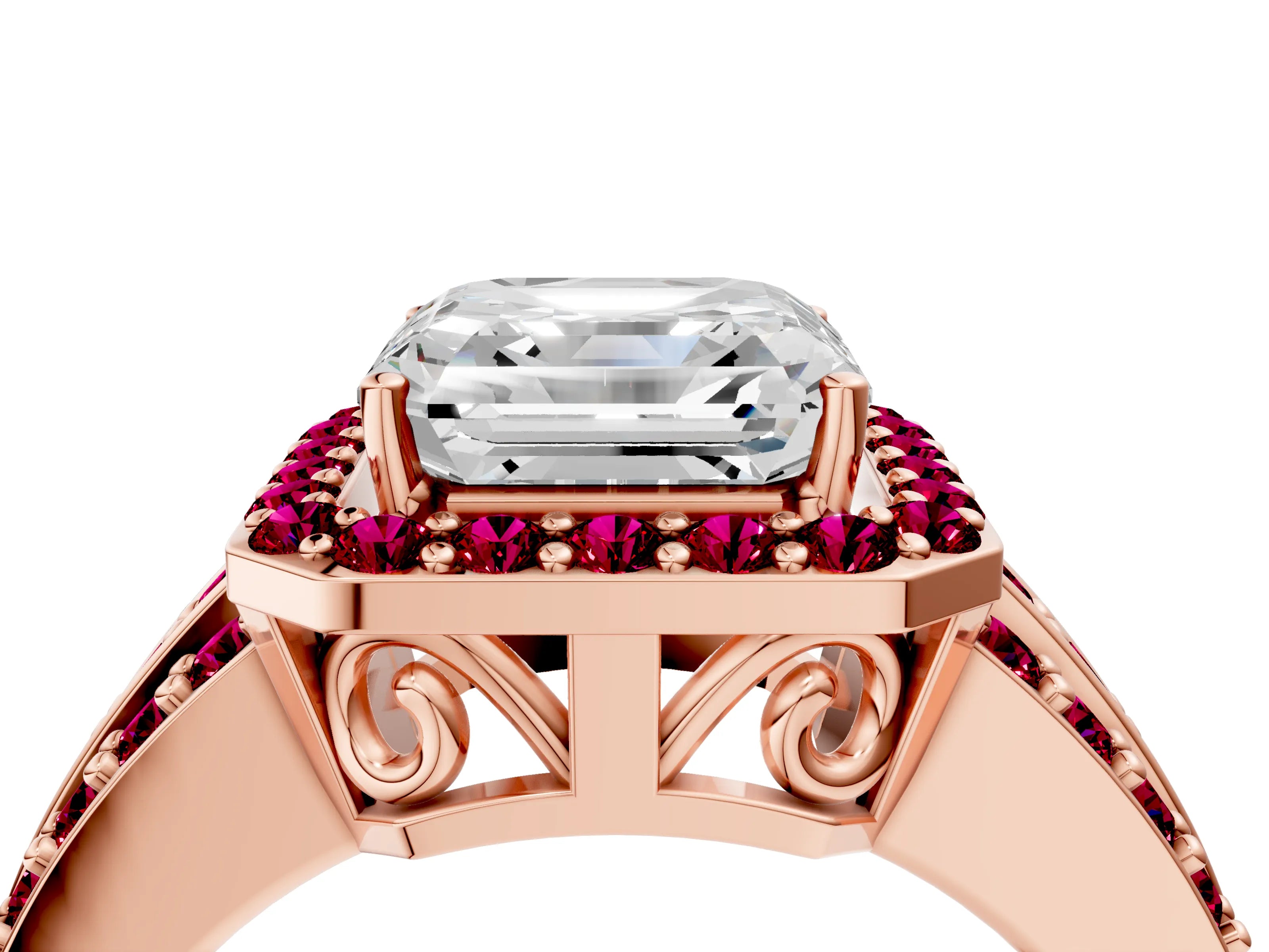 Rose gold Asscher Cut Halo Diamond Ring with Round with Garnet side stone Split Shank and Prong Setting_4