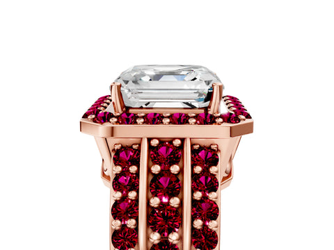 Rose gold Asscher Cut Halo Diamond Ring with Round with Garnet side stone Split Shank and Prong Setting_5