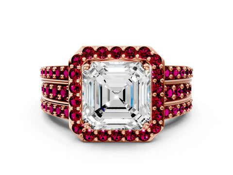 Rose gold Asscher Cut Halo Diamond Ring with Round with Garnet side stone Split Shank and Prong Setting