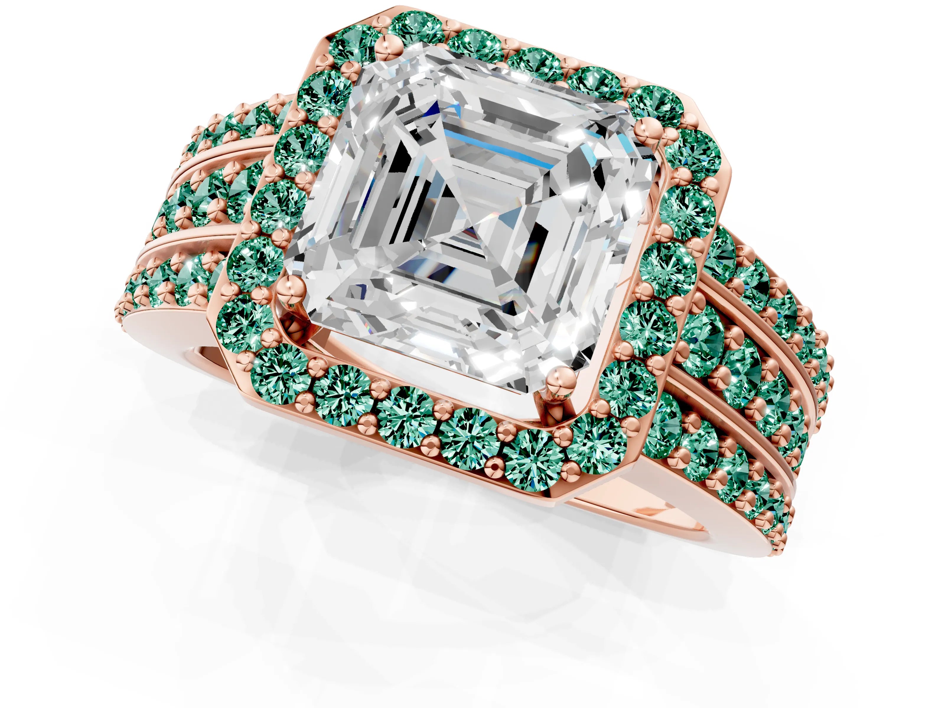 Rose gold Asscher Cut Halo Diamond Ring with Round with Green Sapphire side stone Split Shank and Prong Setting_1