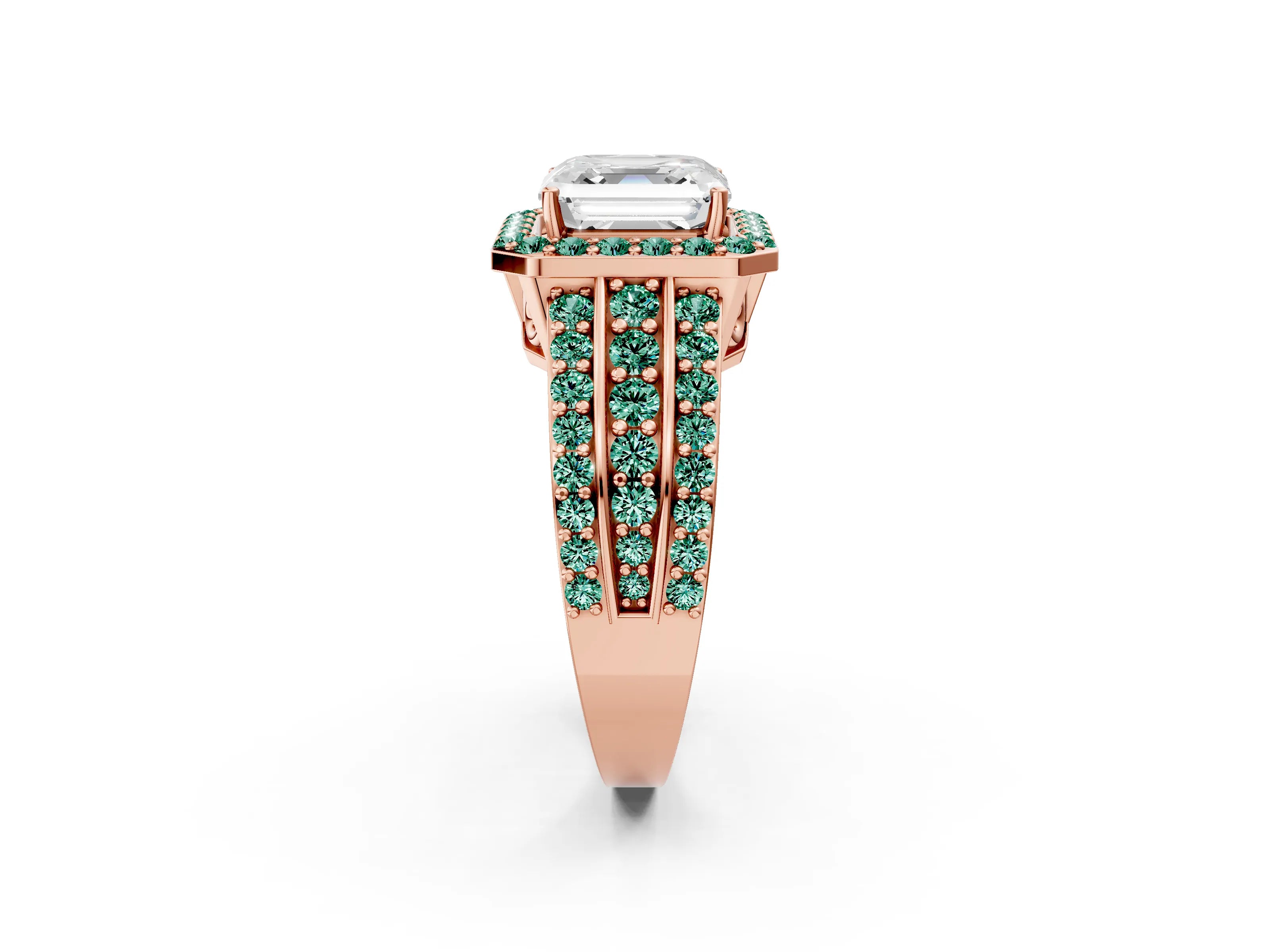 Rose gold Asscher Cut Halo Diamond Ring with Round with Green Sapphire side stone Split Shank and Prong Setting_2
