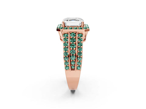 Rose gold Asscher Cut Halo Diamond Ring with Round with Green Sapphire side stone Split Shank and Prong Setting_2