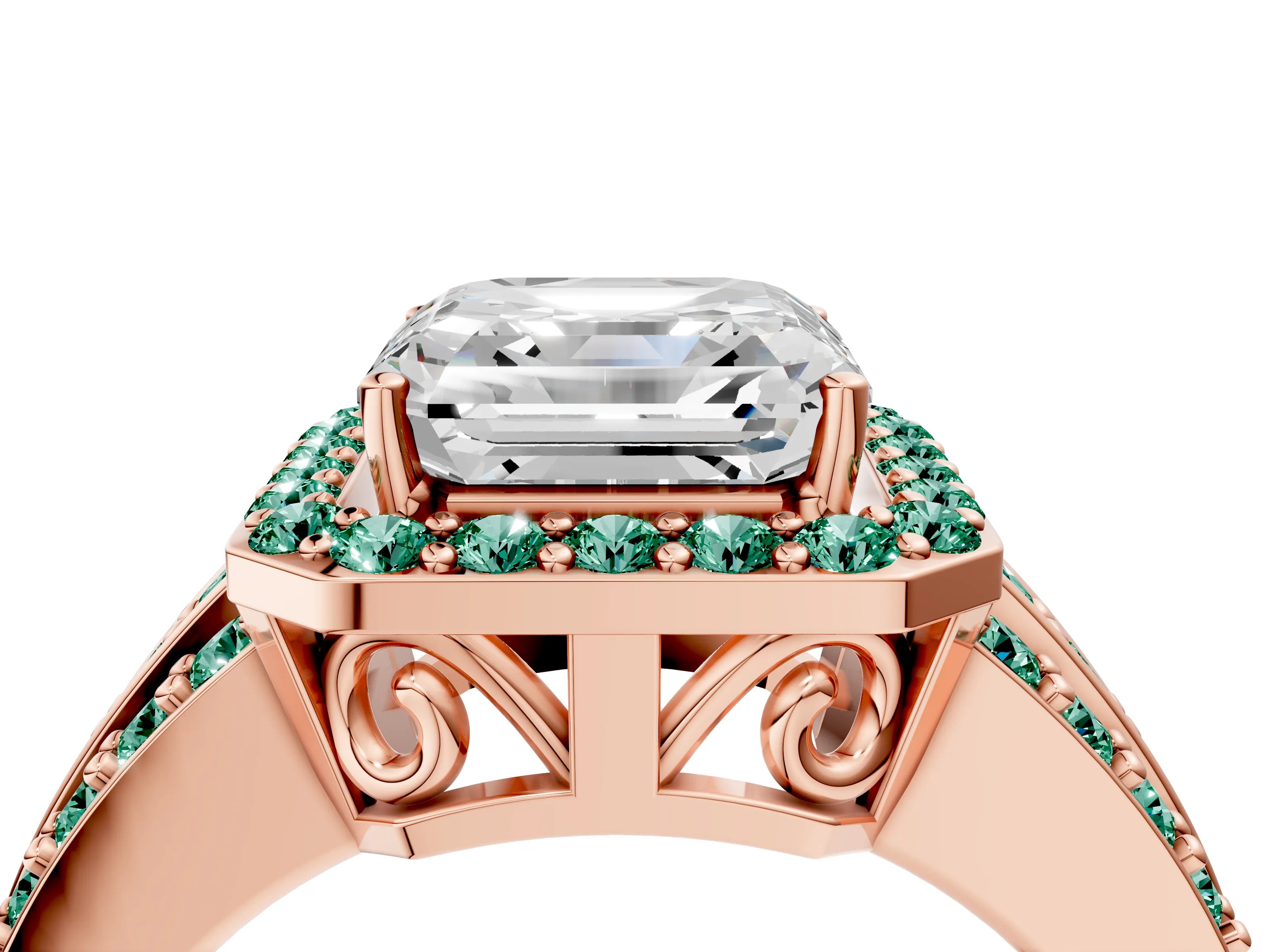 Rose gold Asscher Cut Halo Diamond Ring with Round with Green Sapphire side stone Split Shank and Prong Setting_4