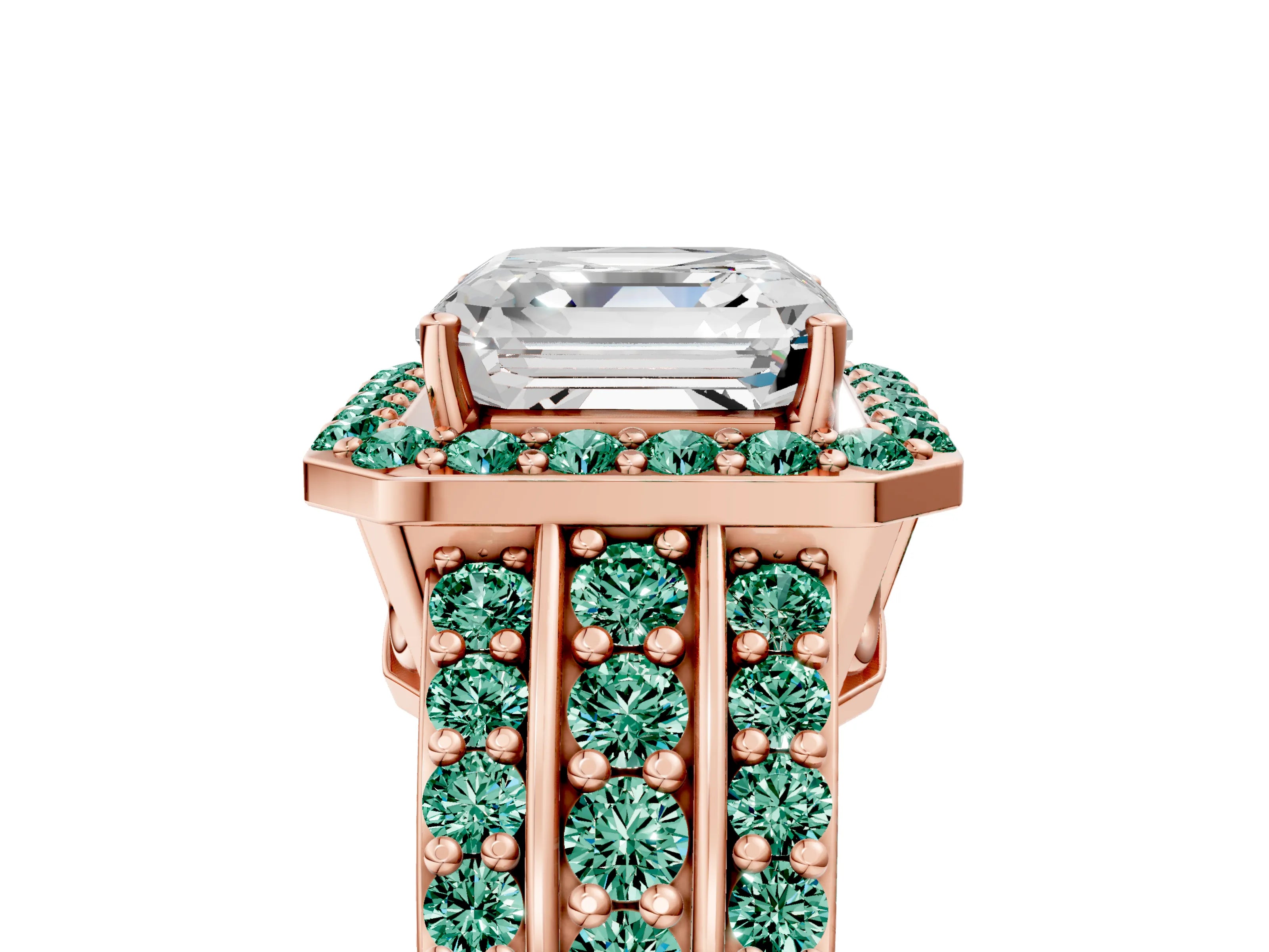 Rose gold Asscher Cut Halo Diamond Ring with Round with Green Sapphire side stone Split Shank and Prong Setting_5