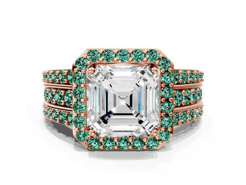 Rose gold Asscher Cut Halo Diamond Ring with Round with Green Sapphire side stone Split Shank and Prong Setting