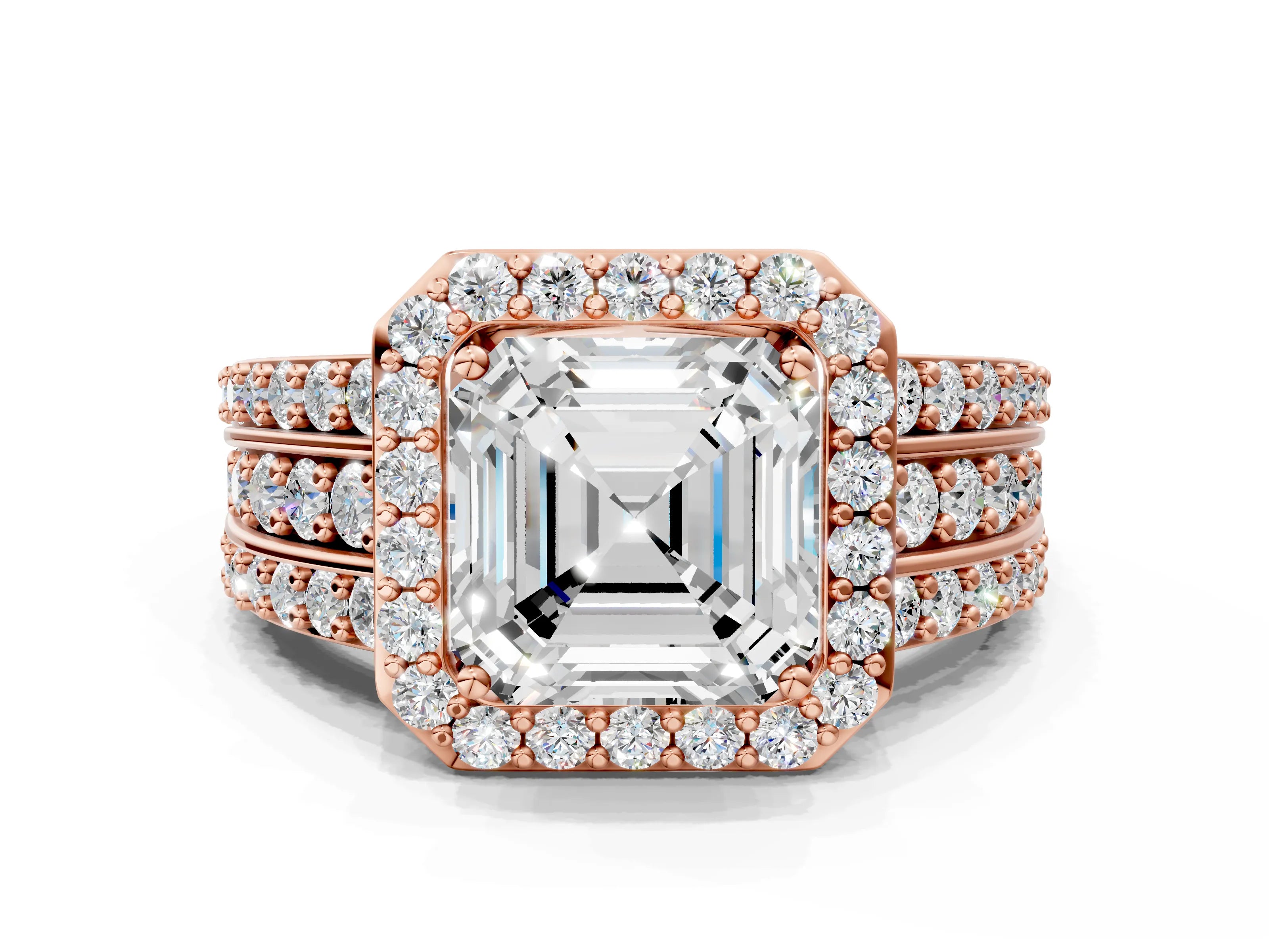Rose gold Asscher Cut Halo Diamond Ring with Round with Moissanite side stone Split Shank and Prong Setting