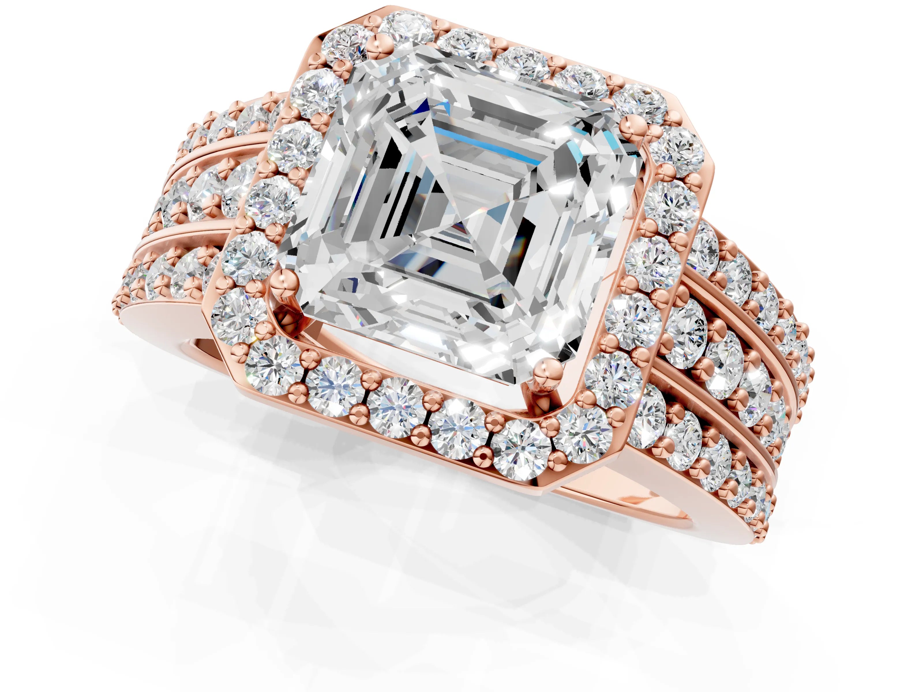 Rose gold Asscher Cut Halo Diamond Ring with Round with Moissanite side stone Split Shank and Prong Setting_1