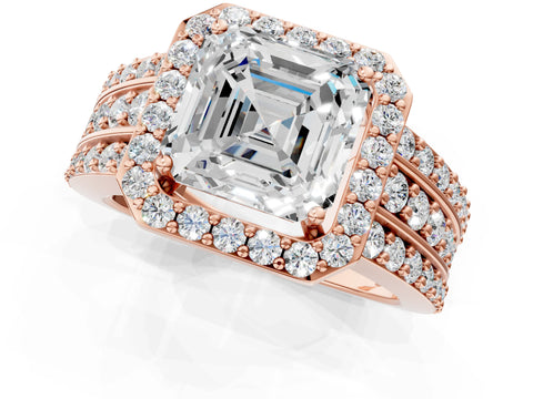 Rose gold Asscher Cut Halo Diamond Ring with Round with Moissanite side stone Split Shank and Prong Setting_1