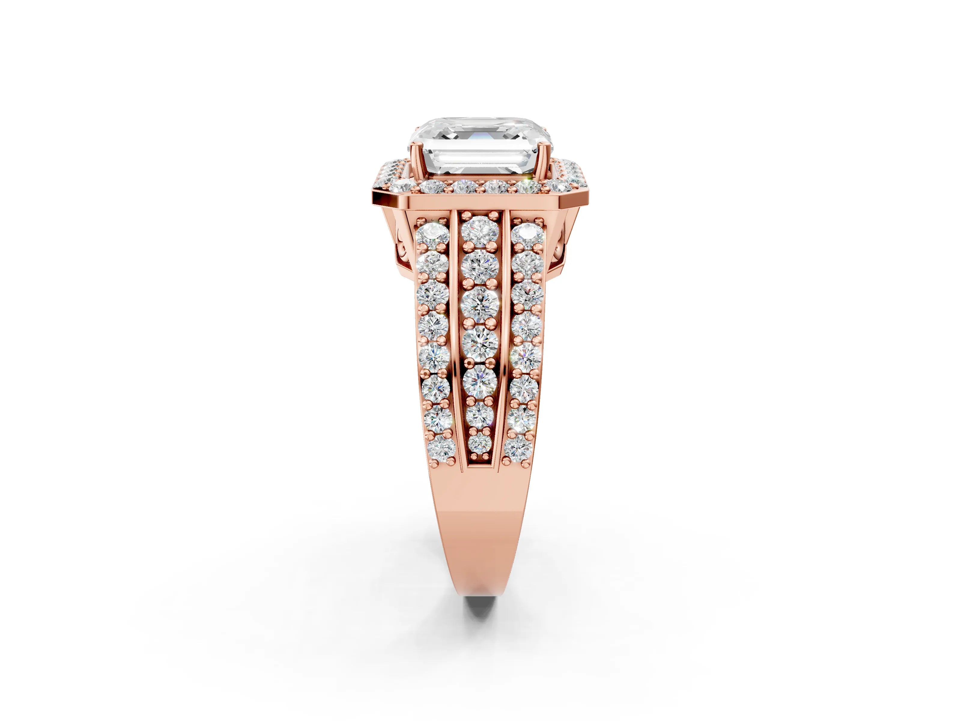 Rose gold Asscher Cut Halo Diamond Ring with Round with Moissanite side stone Split Shank and Prong Setting_2