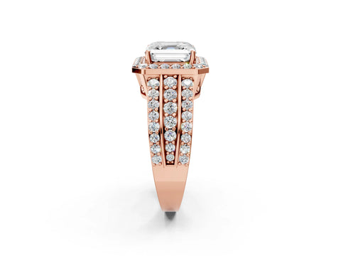 Rose gold Asscher Cut Halo Diamond Ring with Round with Moissanite side stone Split Shank and Prong Setting_2