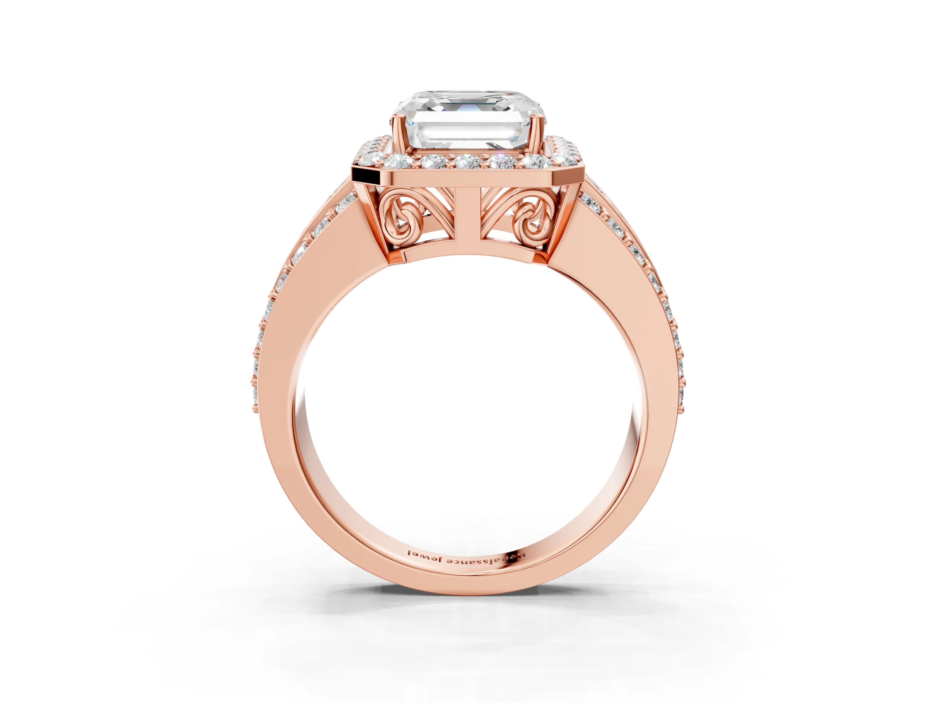 Rose gold Asscher Cut Halo Diamond Ring with Round with Moissanite side stone Split Shank and Prong Setting_3