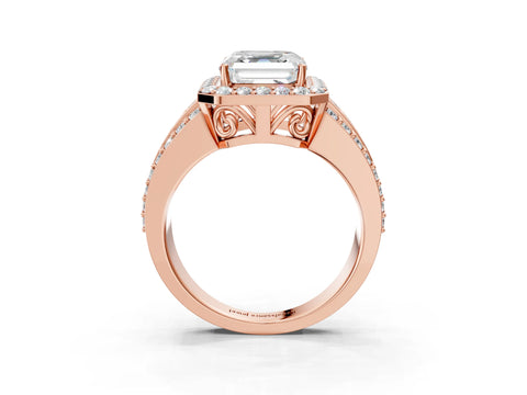 Rose gold Asscher Cut Halo Diamond Ring with Round with Moissanite side stone Split Shank and Prong Setting_3
