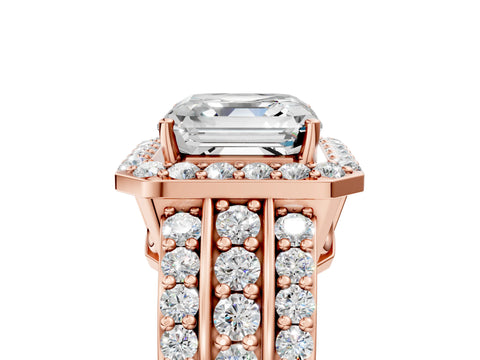 Rose gold Asscher Cut Halo Diamond Ring with Round with Moissanite side stone Split Shank and Prong Setting_5