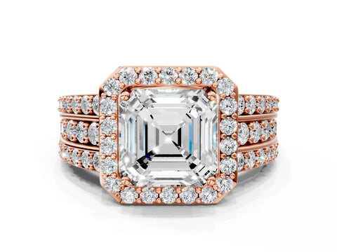 Rose gold Asscher Cut Halo Diamond Ring with Round with Moissanite side stone Split Shank and Prong Setting