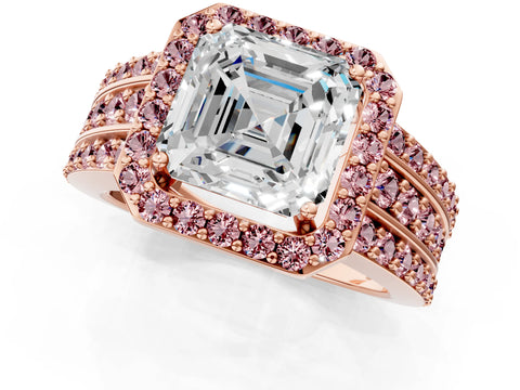 Rose gold Asscher Cut Halo Diamond Ring with Round with Morganite side stone Split Shank and Prong Setting_1