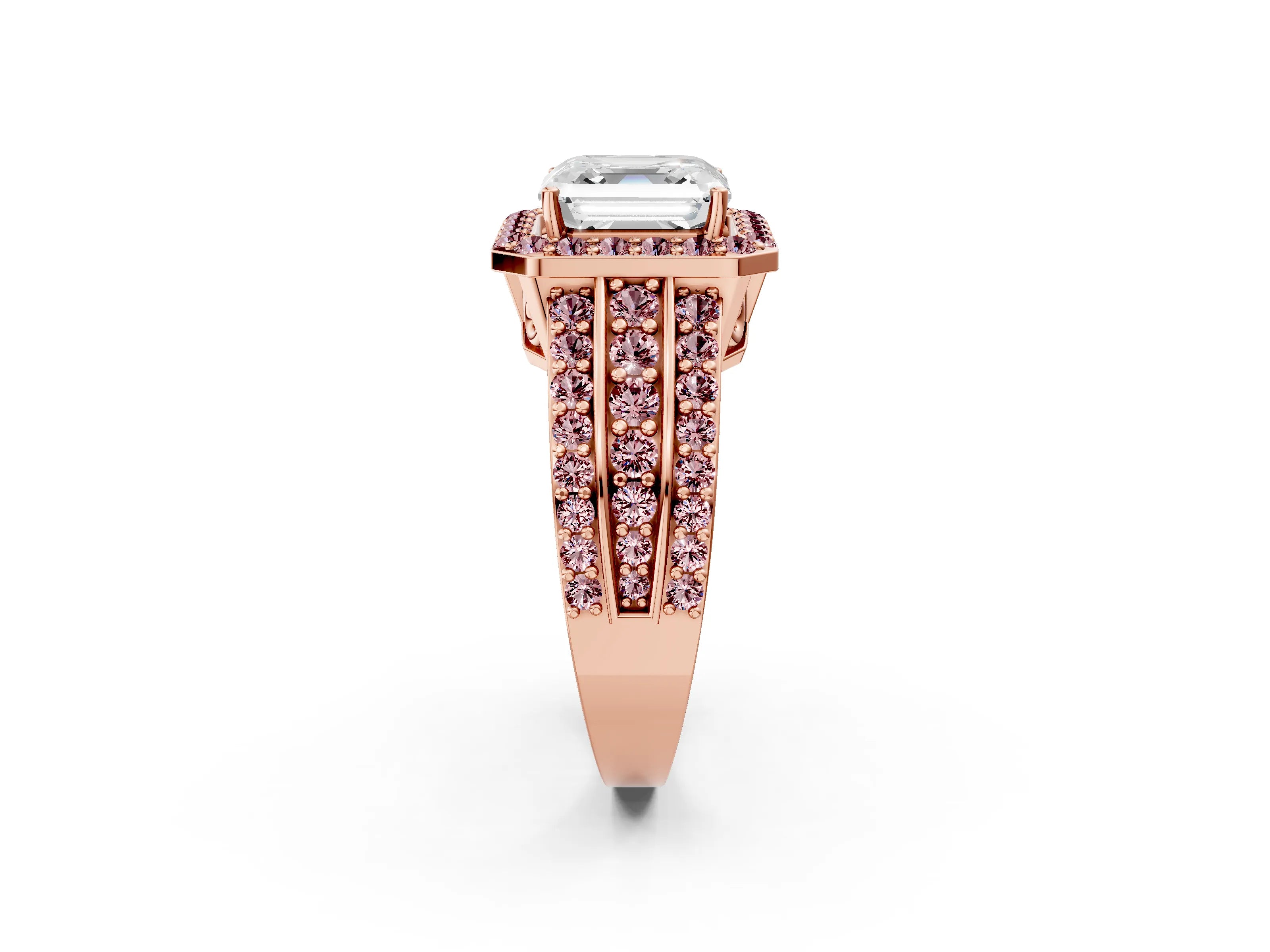 Rose gold Asscher Cut Halo Diamond Ring with Round with Morganite side stone Split Shank and Prong Setting_2