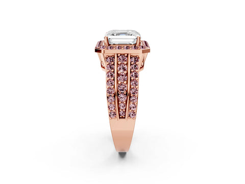 Rose gold Asscher Cut Halo Diamond Ring with Round with Morganite side stone Split Shank and Prong Setting_2