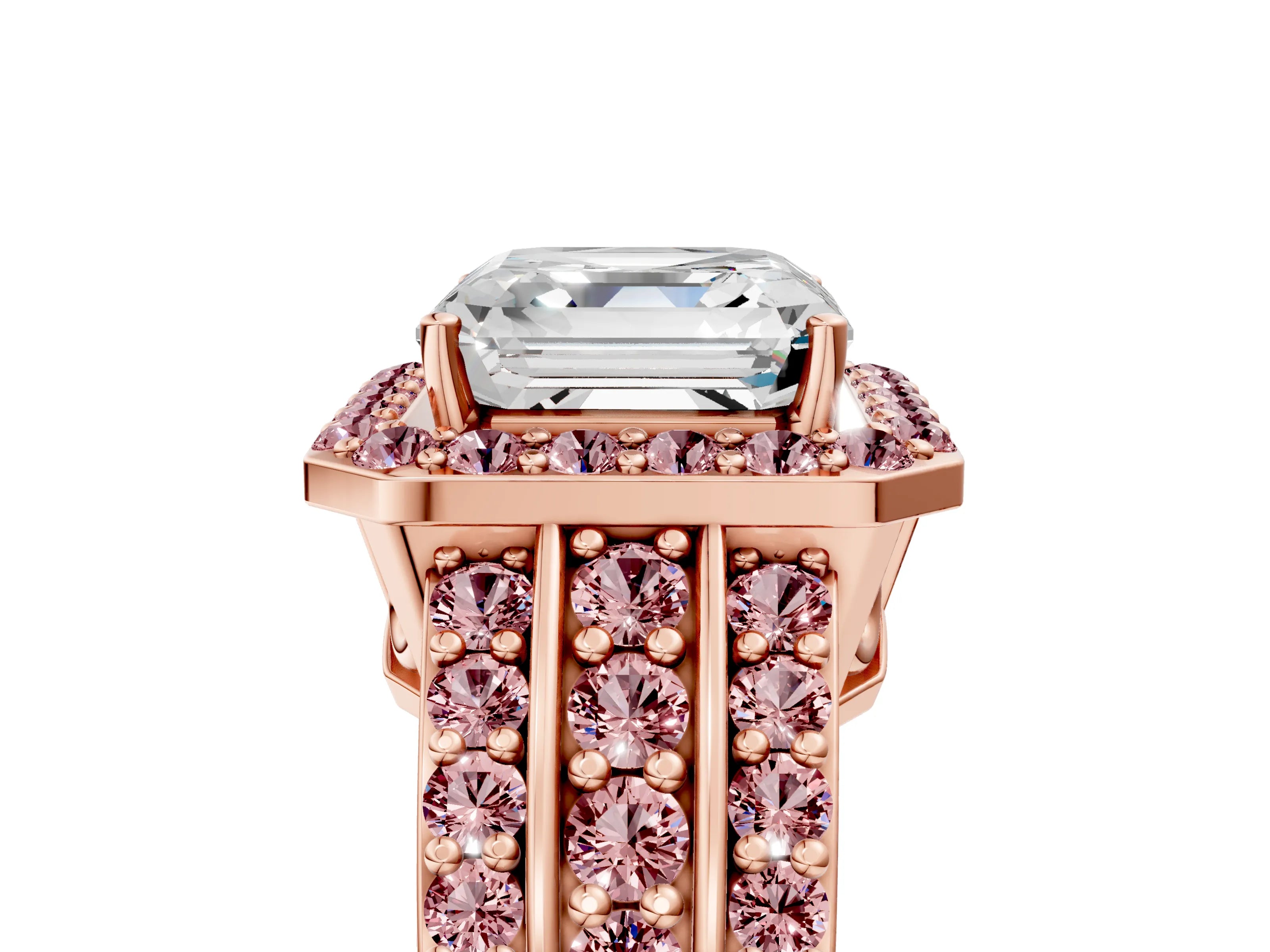 Rose gold Asscher Cut Halo Diamond Ring with Round with Morganite side stone Split Shank and Prong Setting_5