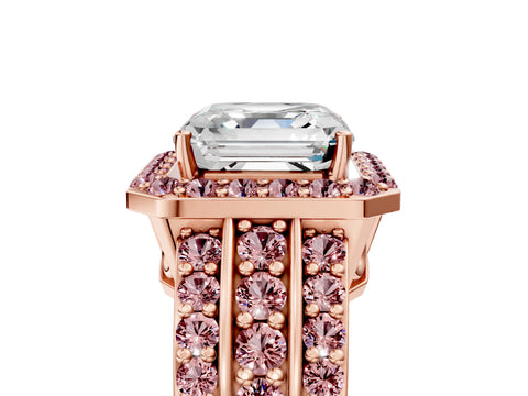 Rose gold Asscher Cut Halo Diamond Ring with Round with Morganite side stone Split Shank and Prong Setting_5