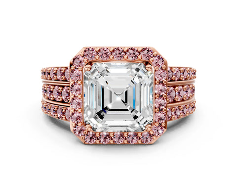 Rose gold Asscher Cut Halo Diamond Ring with Round with Morganite side stone Split Shank and Prong Setting