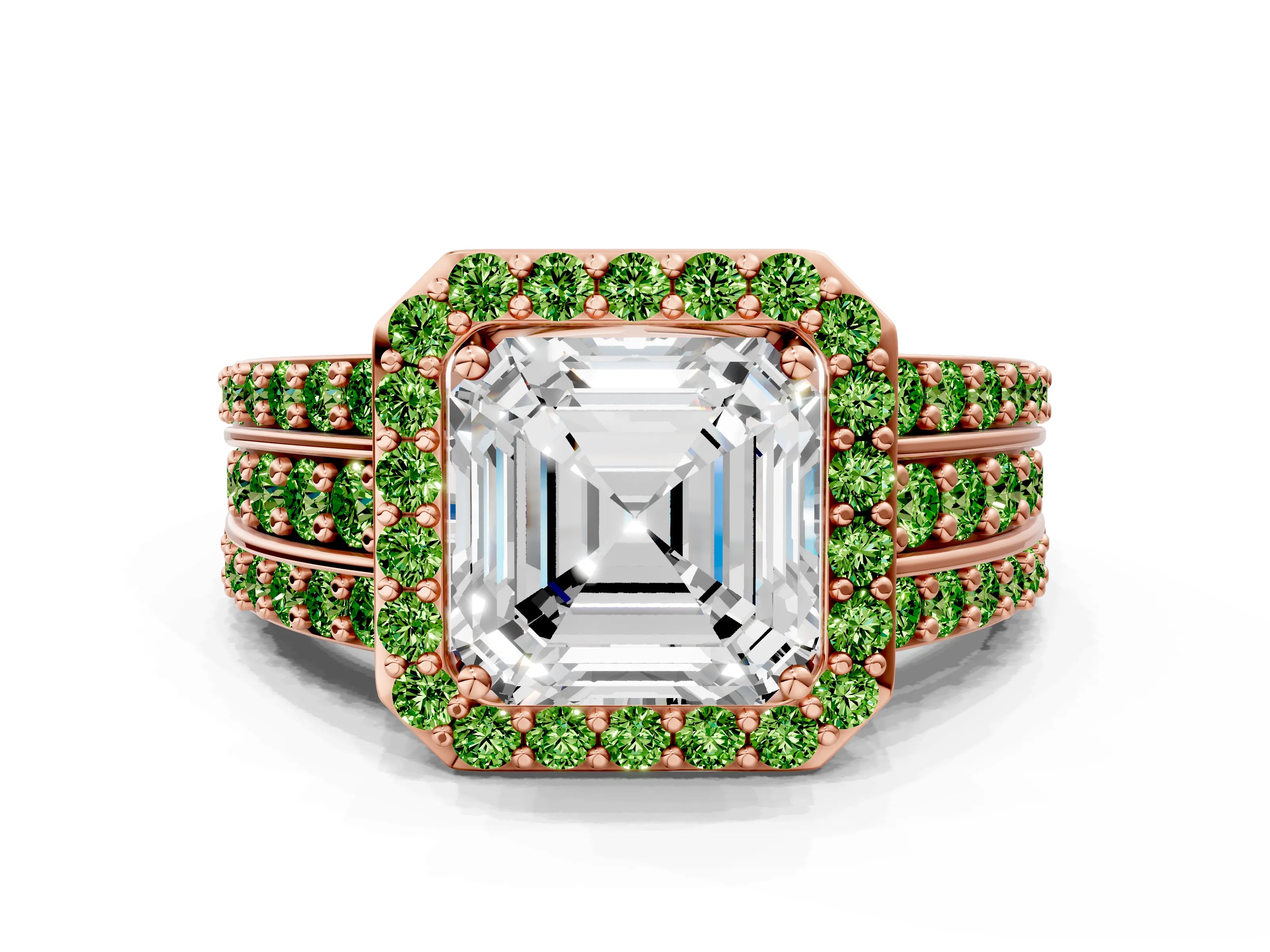 Rose gold Asscher Cut Halo Diamond Ring with Round with Peridot side stone Split Shank and Prong Setting