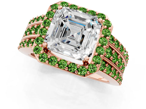Rose gold Asscher Cut Halo Diamond Ring with Round with Peridot side stone Split Shank and Prong Setting_1
