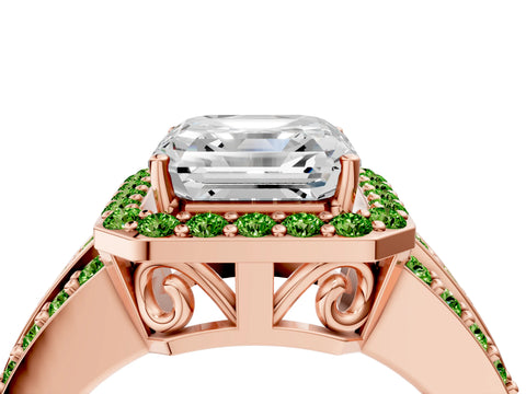 Rose gold Asscher Cut Halo Diamond Ring with Round with Peridot side stone Split Shank and Prong Setting_4