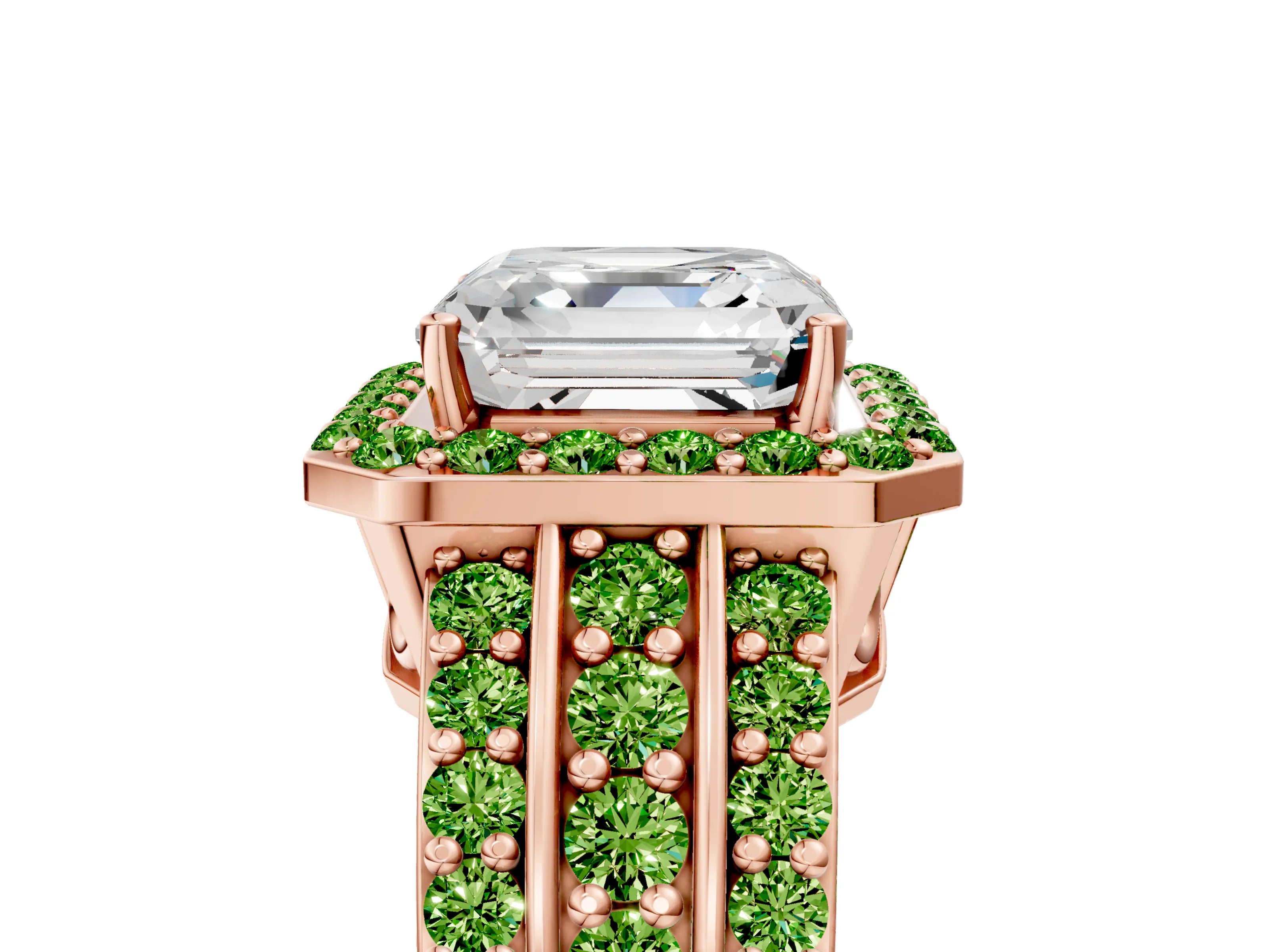 Rose gold Asscher Cut Halo Diamond Ring with Round with Peridot side stone Split Shank and Prong Setting_5