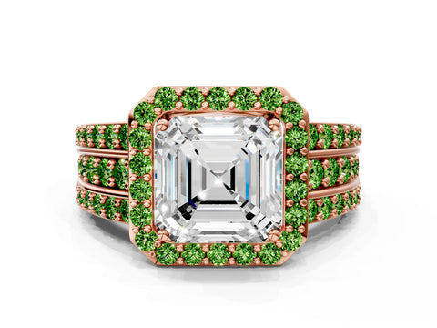 Rose gold Asscher Cut Halo Diamond Ring with Round with Peridot side stone Split Shank and Prong Setting