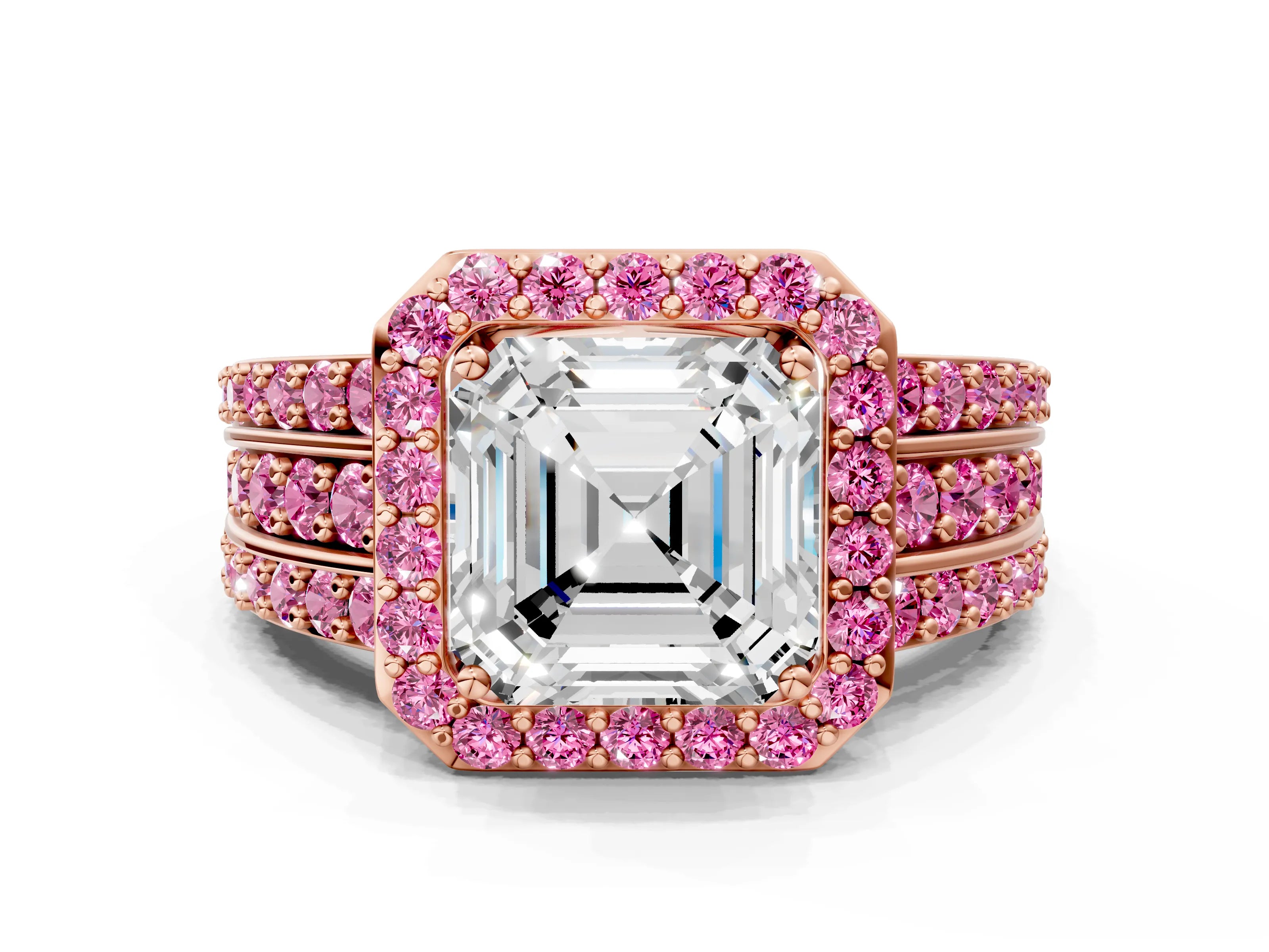 Rose gold Asscher Cut Halo Diamond Ring with Round with Pink Sapphire side stone Split Shank and Prong Setting