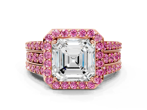 Rose Gold Asscher Cut Halo Engagement Ring Setting with Lab-Grown Pink Sapphire Three Row Pave Band