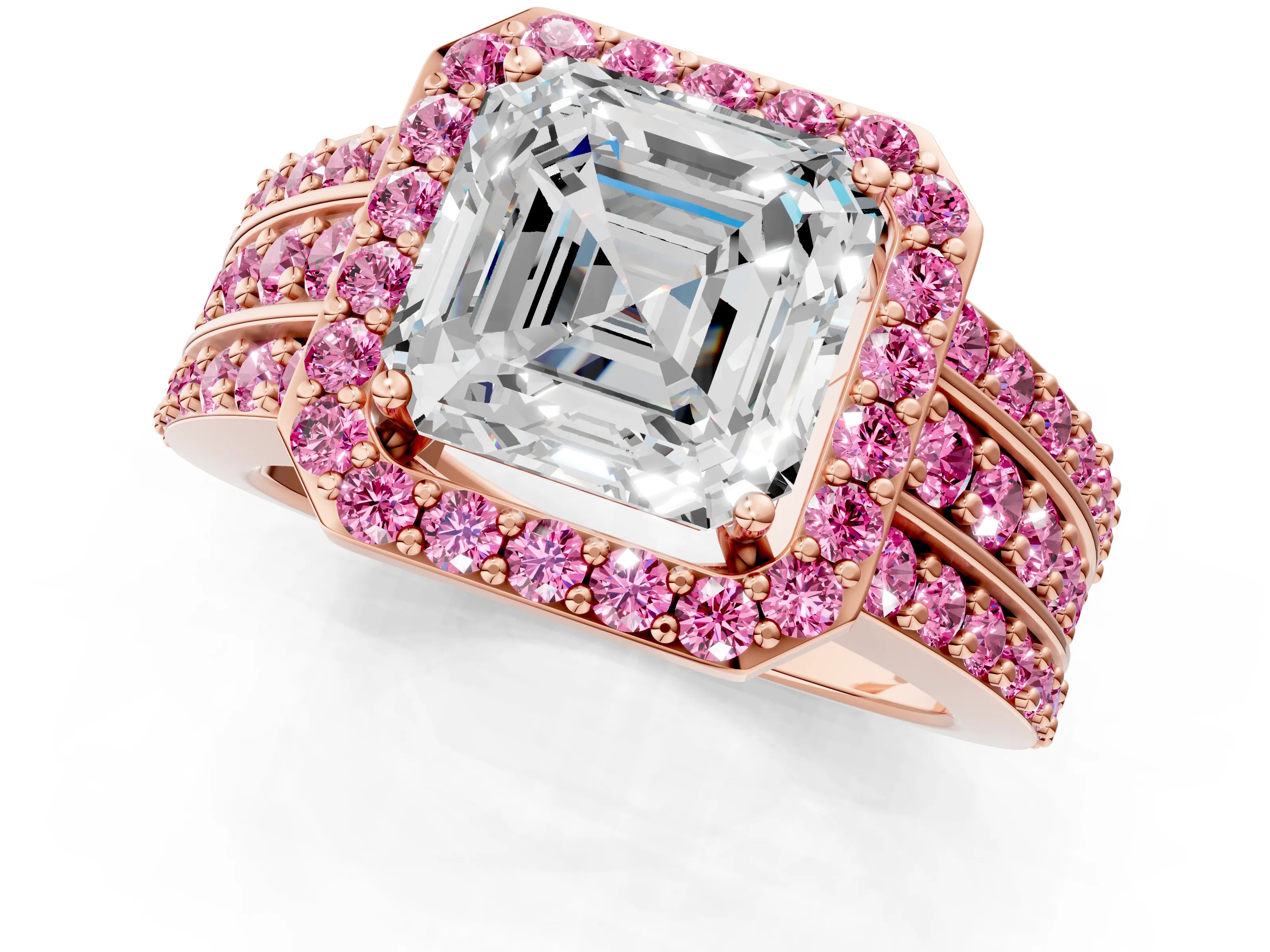 Rose gold Asscher Cut Halo Diamond Ring with Round with Pink Sapphire side stone Split Shank and Prong Setting_1