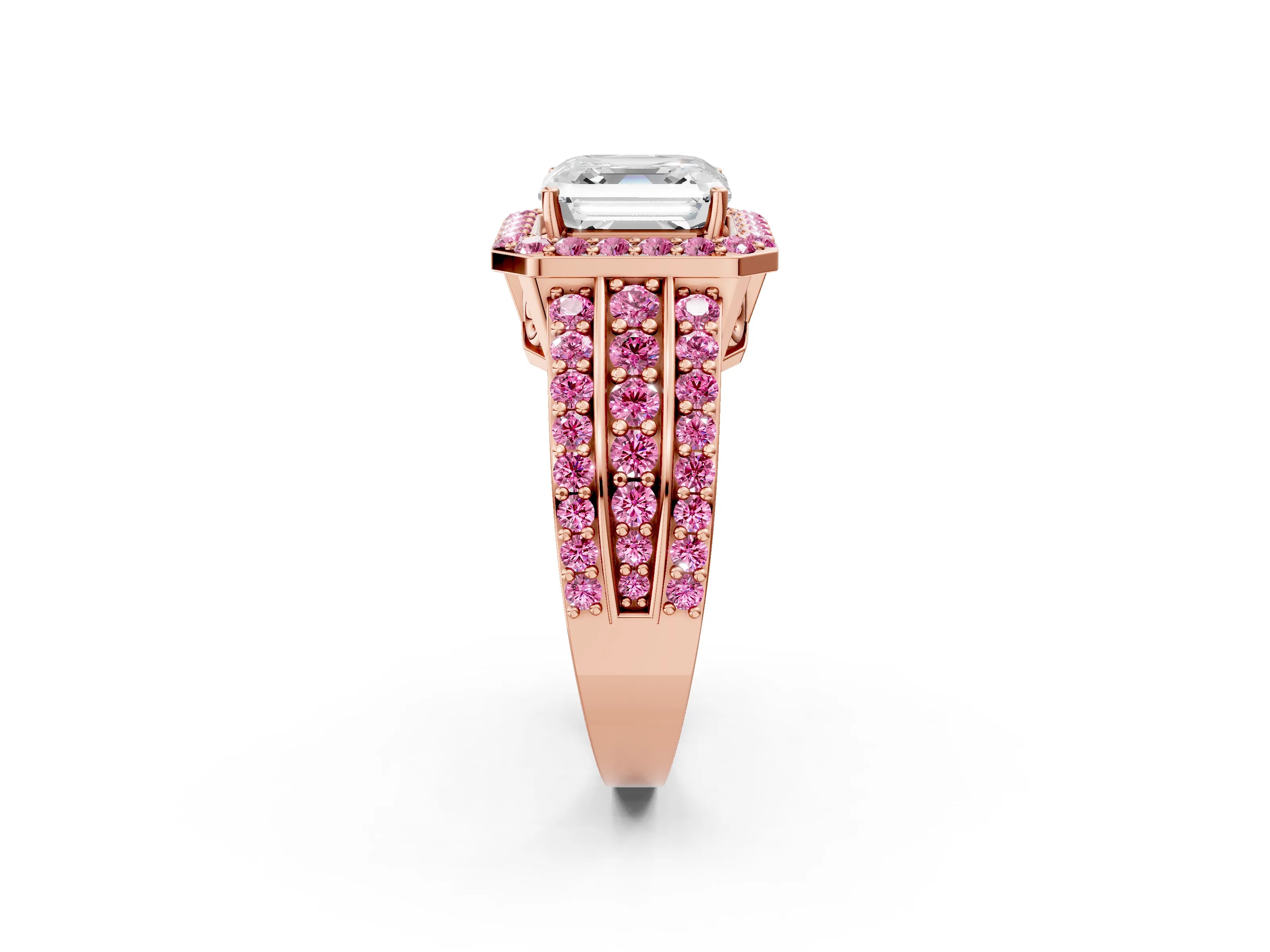 Rose gold Asscher Cut Halo Diamond Ring with Round with Pink Sapphire side stone Split Shank and Prong Setting_2