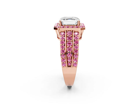 Rose gold Asscher Cut Halo Diamond Ring with Round with Pink Sapphire side stone Split Shank and Prong Setting_2