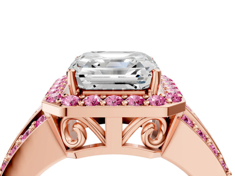 Rose gold Asscher Cut Halo Diamond Ring with Round with Pink Sapphire side stone Split Shank and Prong Setting_4