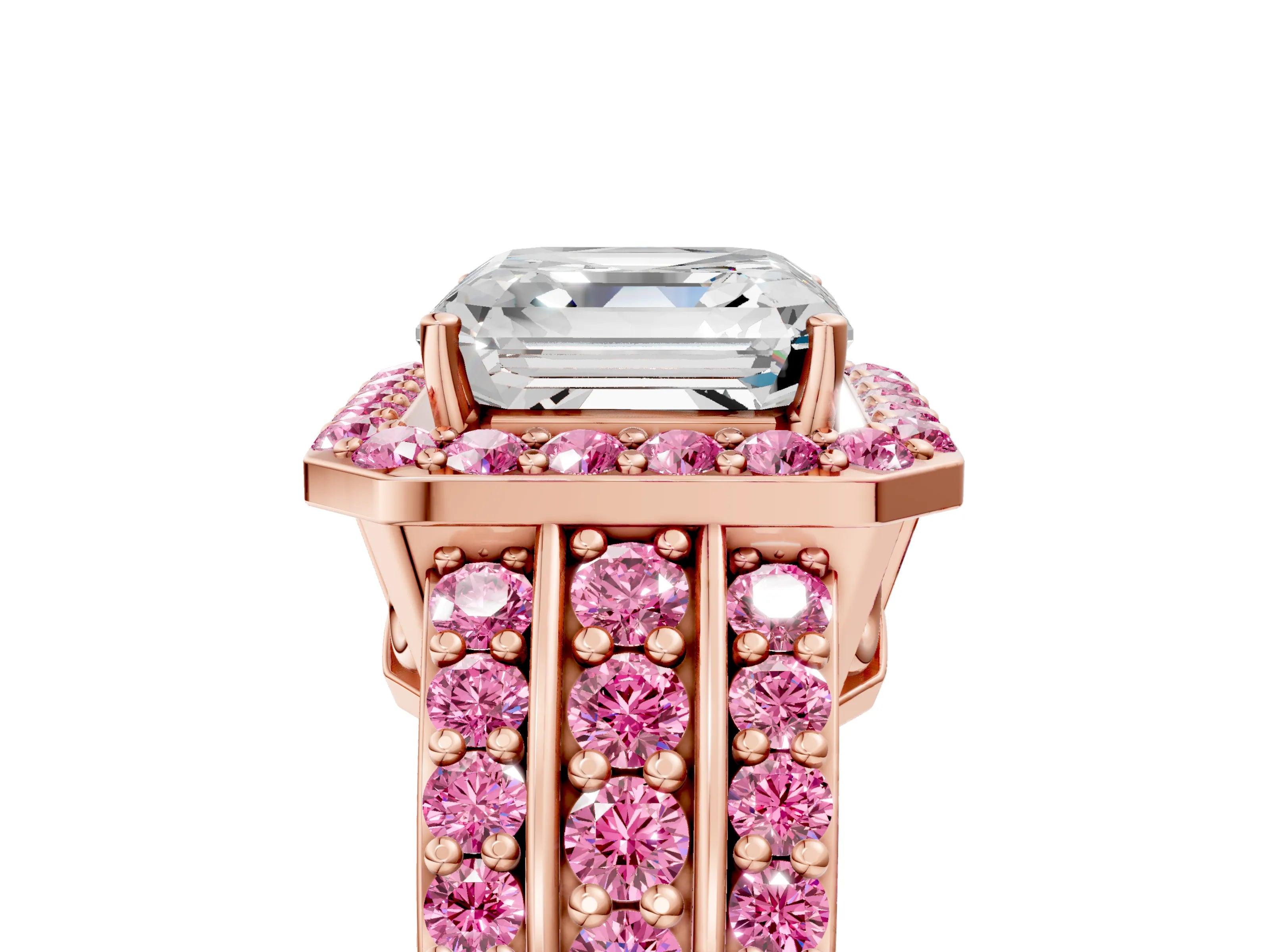 Rose gold Asscher Cut Halo Diamond Ring with Round with Pink Sapphire side stone Split Shank and Prong Setting_5